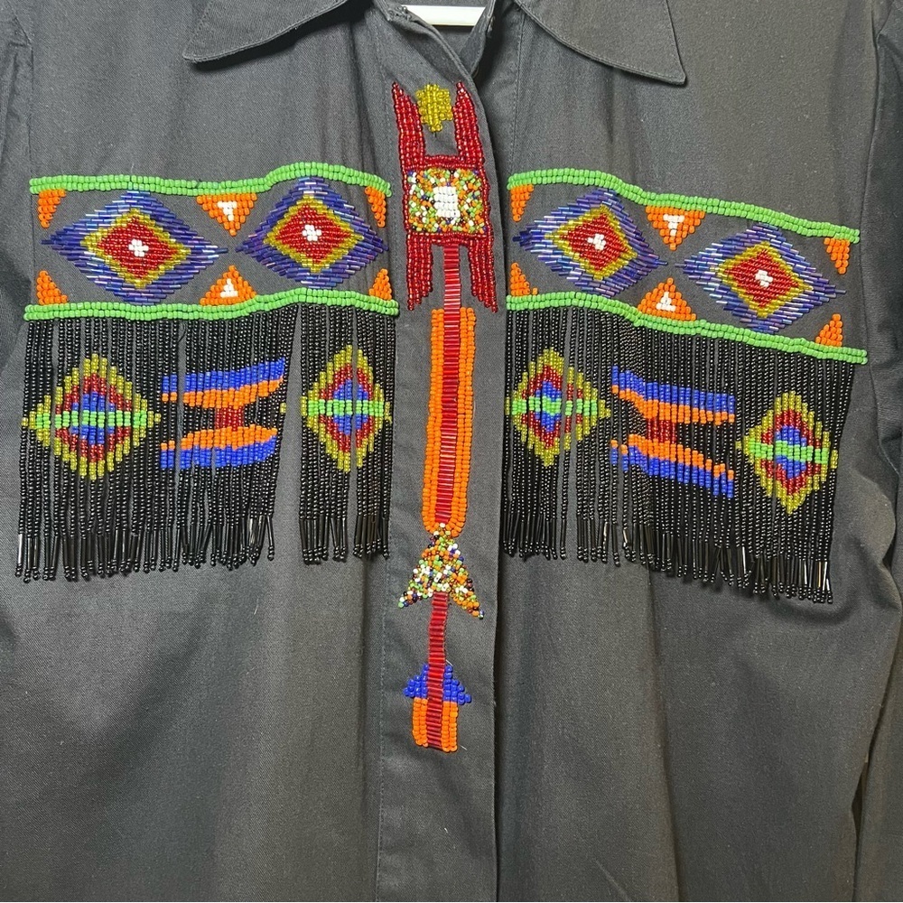 Vintage LEW MAGRAM WOMEN'S Size 6 BLACK COTTON BEADED FRINGE WESTERN SHIRT - Picture 2 of 12